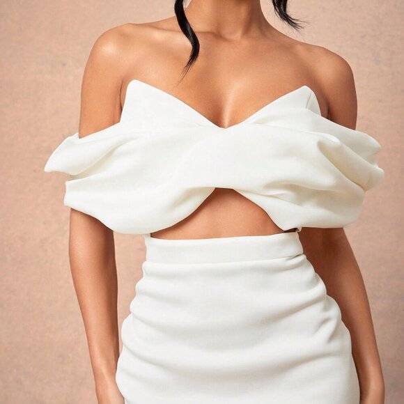White Elegant Womens Off-Shoulder Zipper Back Hollow Slim Fit mini  Dress - Picture 3 of 5
